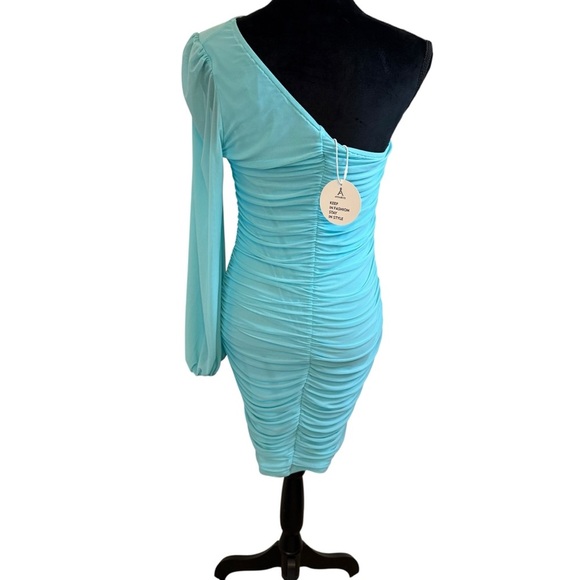 ANRABESS Asymmetrical Blue One-Shoulder Ruched Bodycon Mini Dress - Picture 4 of 12